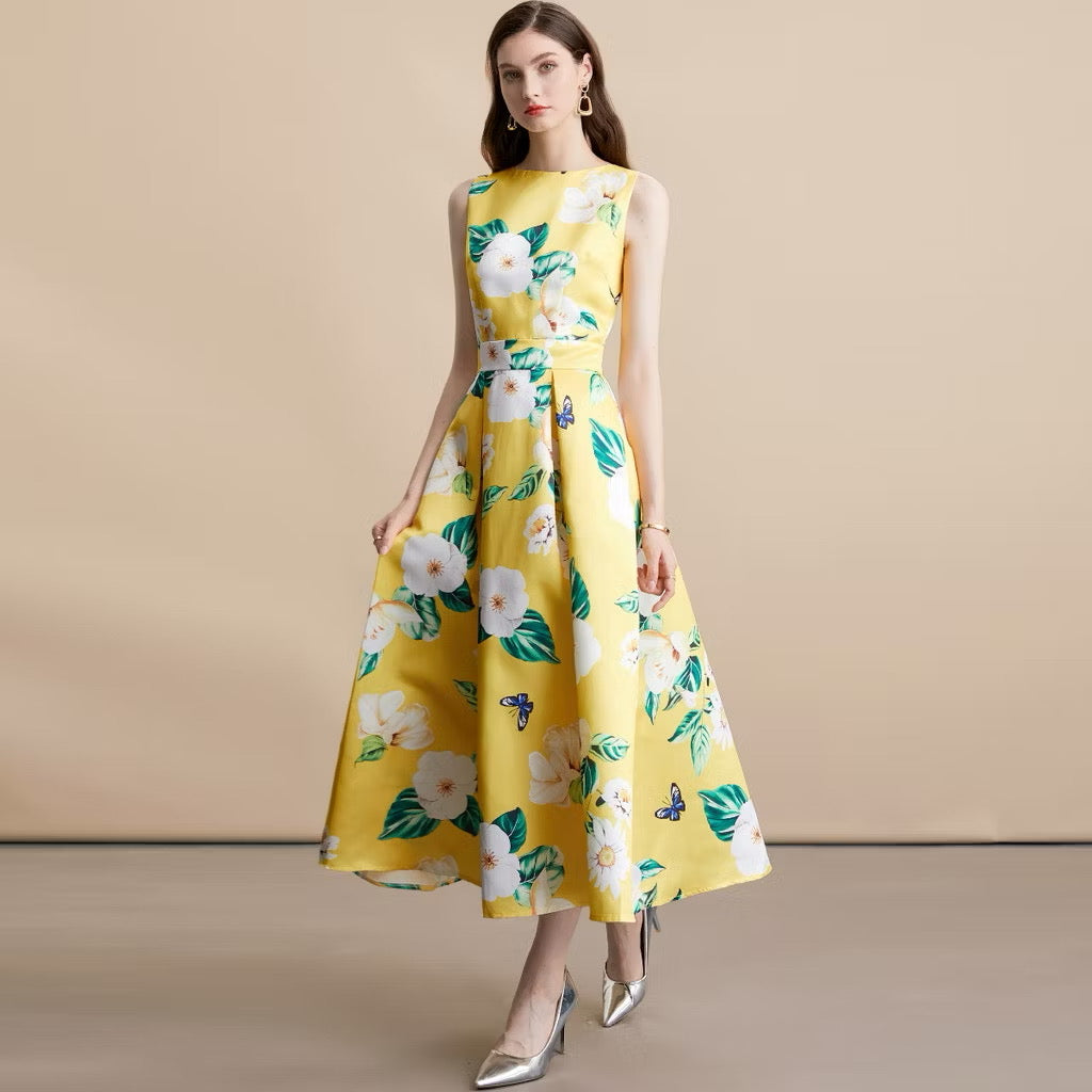 CM-DY054106 Women Elegant European Style Round Neck Sleeveless High Waist A-Line Mid-Length Dress - Yellow