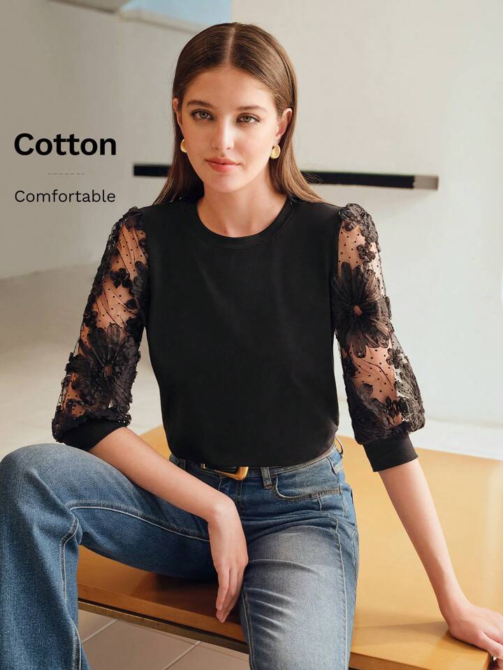 CM-TS949863 Women Elegant Seoul Style Round Neck Floral Pattern Dobby Mesh Lantern Sleeve Tee - Black