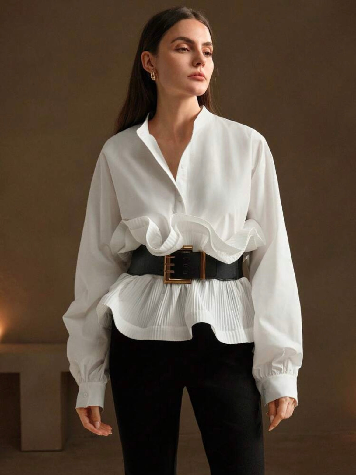CM-TS961174 Women Elegant Seoul Style Multi-Layer Ruffles Waist Cinching Loose Shirt - White