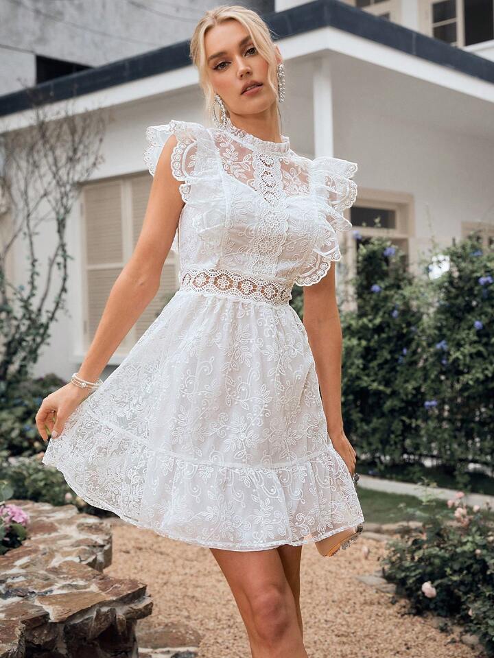 CM-DS666767 Women Elegant Seoul Style Solid Color Short Woven Embroidered Mesh Dress - White