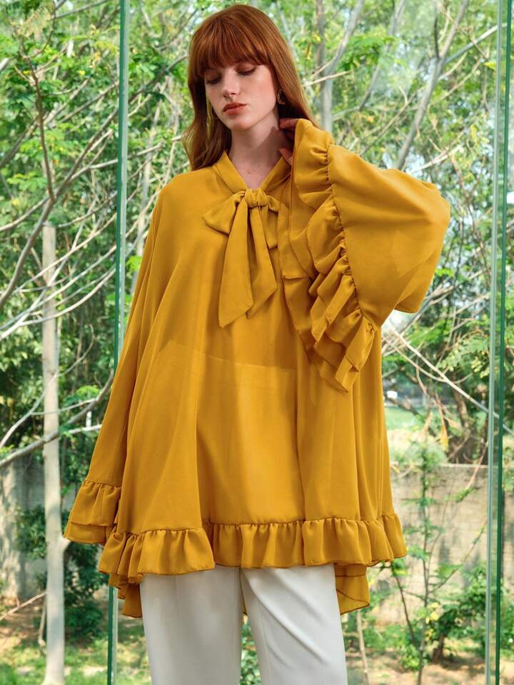 CM-TS466804 Women Elegant Seoul Style Chiffon Ruffle Hem V-Neck Bowknot Long Loose Blouse