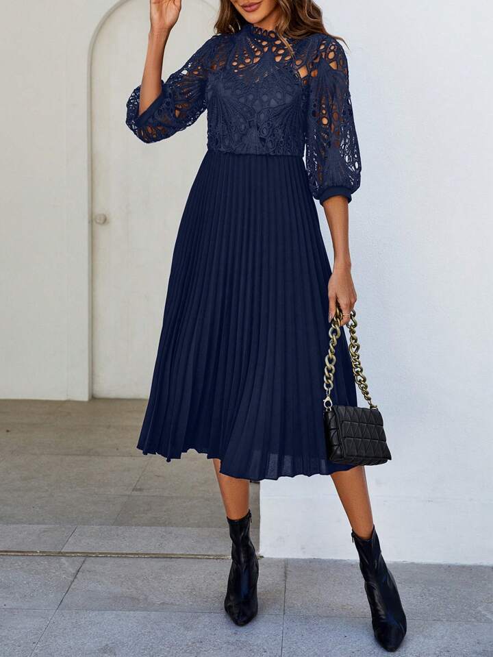 CM-DS034476 Women Trendy Bohemian Style Patchwork Corded Lace Pleated Hem Dress - Navy Blue