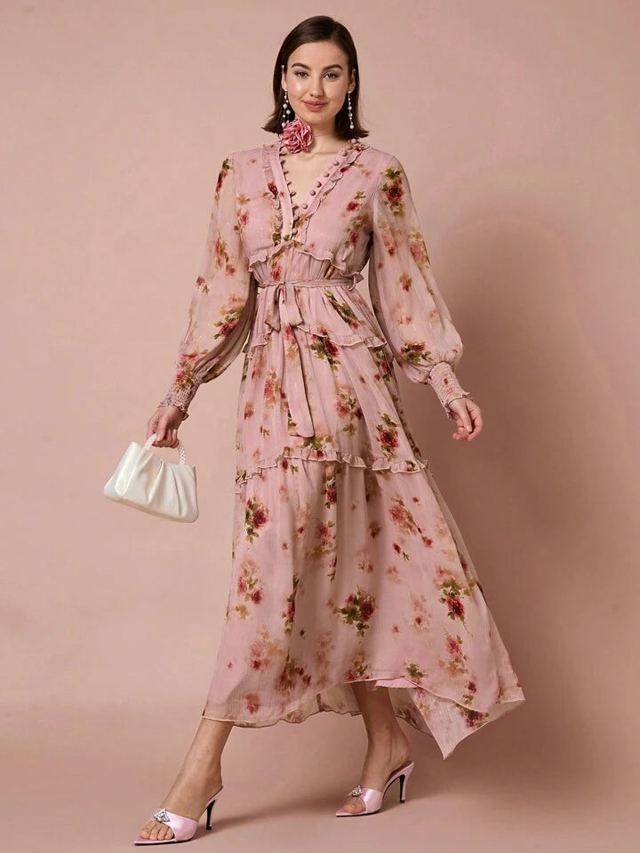 CM-DS263812 Women Elegant Seoul Style Floral Print Front Tie Ruffle Decoration Lantern Long Sleeve Dress