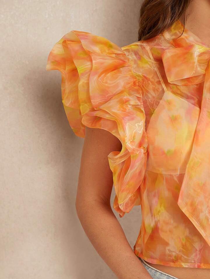 CM-TS591988 Women Casual Seoul Style Floral Organza Butterfly Sleeve Top
