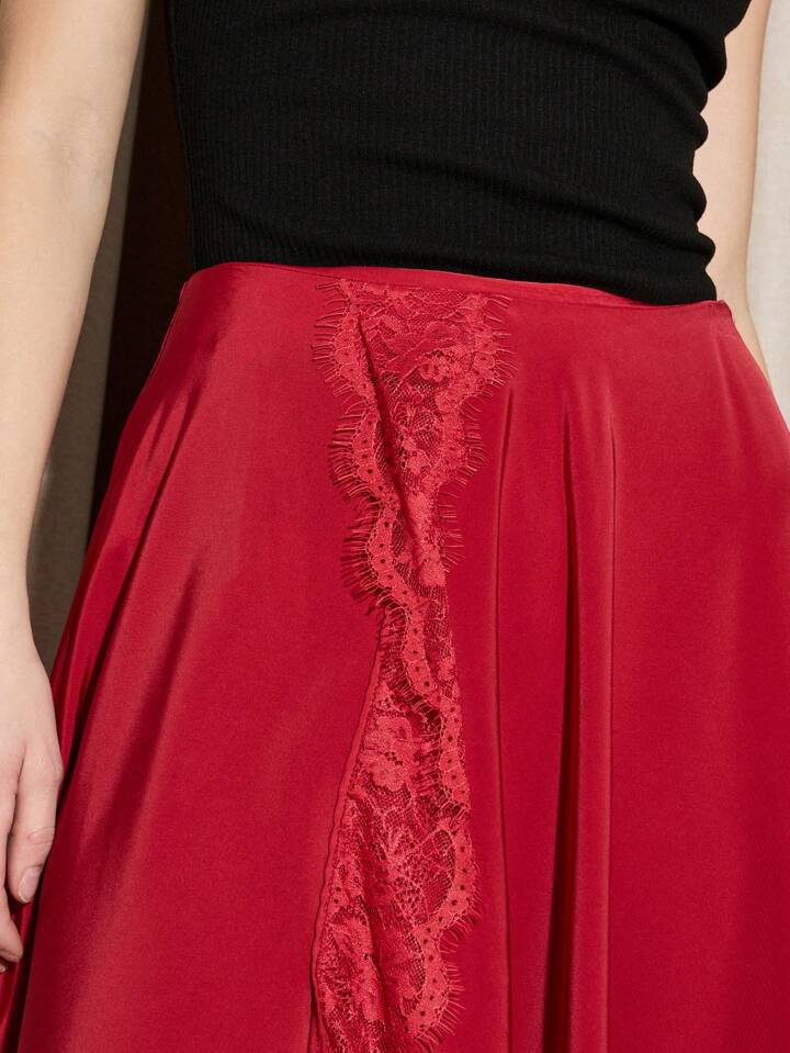 CM-BS631291 Women Elegant Seoul Style Satin Delicate Lace Trim Asymmetric Hanky Hem Design Skirt - Red