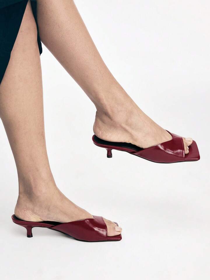 CM-SHS324547 Women Trendy Seoul Style Minimalist Open Toe Low Heel Pumps - Burgundy