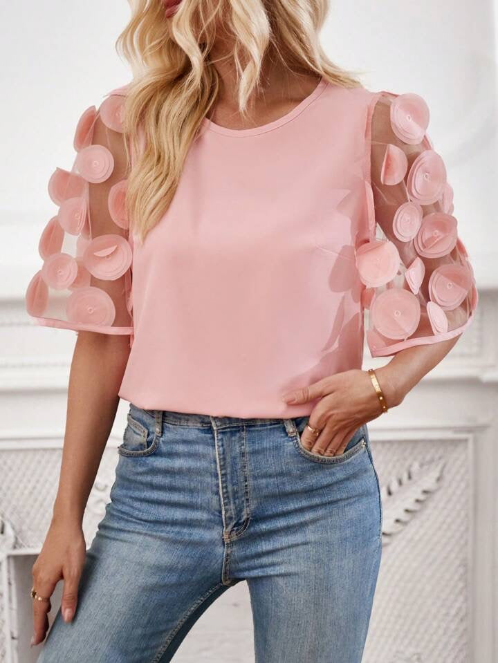 CM-TS116891 Women Casual Seoul Style Round Neck Contrast Mesh Sleeve Blouse - Pink