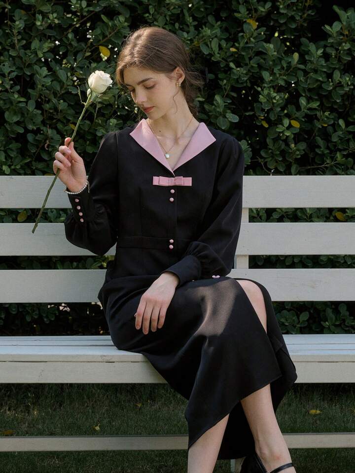 CM-DS223672 Women Retro Seoul Style Patchwork Bow Tie V-Neck Bodycon Long Dress - Black