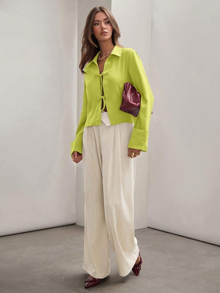 CM-TS814811 Women Trendy Bohemian Style Shirt Collar Front Tie Long Sleeve Shirt - Green