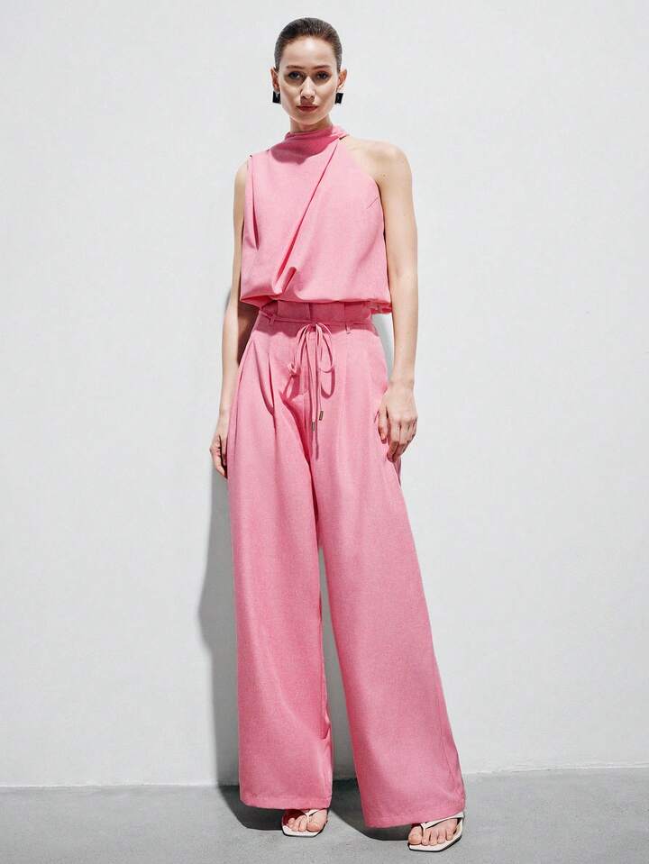 CM-SS704475 Women Elegant Seoul Style Loose High Collar Design Top With Drawstring Waist Straight Loose Pants - Set