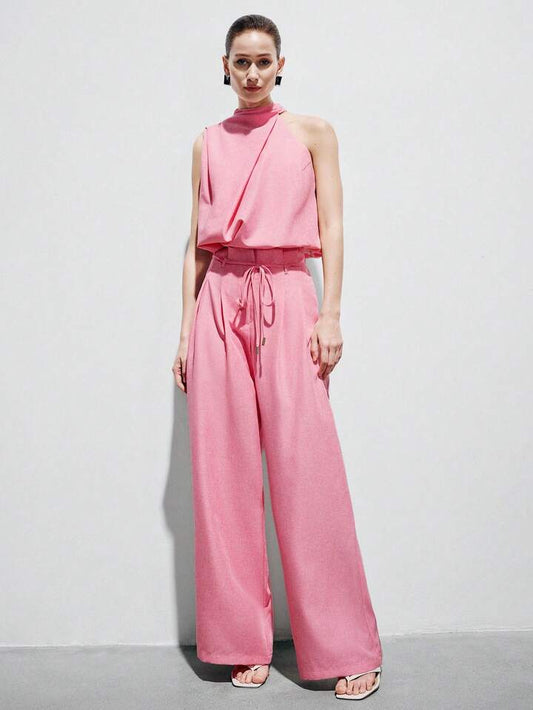 CM-SS704475 Women Elegant Seoul Style Loose High Collar Design Top With Drawstring Waist Straight Loose Pants - Set