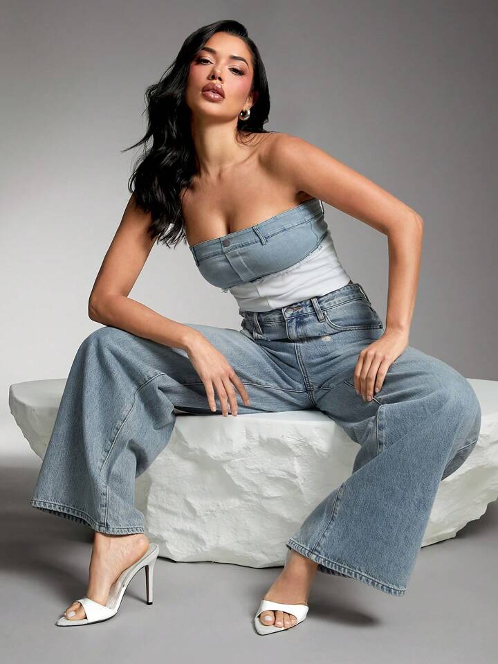 CM-BS623400 Women Casual Seoul Style Light Wash Shredded Wide Leg Denim Jeans