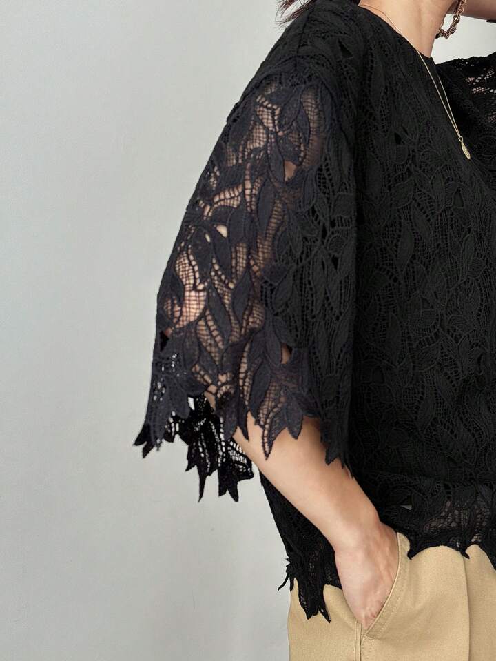 CM-TS404504 Women Elegant Seoul Style Sheer Lace Round Neck Half Sleeve Loose Blouse - Black
