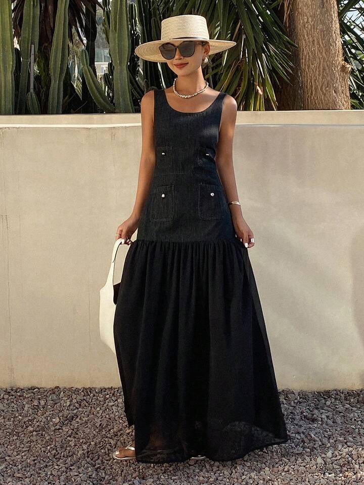 CM-DS140723 Women Casual Seoul Style Dark Wash Scoop Neck Sleeveless Mesh Patchwork Long Denim Dress
