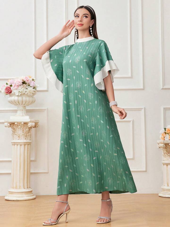 CM-DS800078 Women Casual Seoul Style Floral Leaf Print Patchwork Ruffle Hem Dress - Green