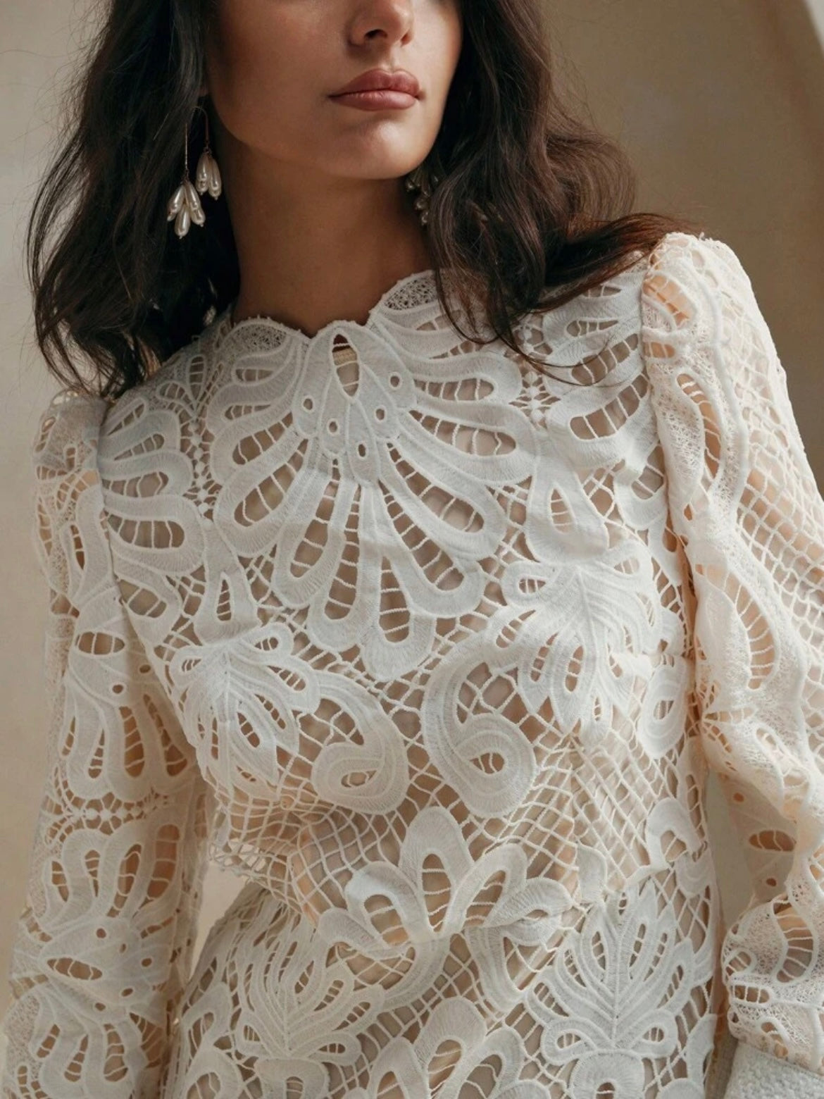CM-DS483514 Women Elegant Seoul Style Stand Collar Long Sleeve Lace Patchwork Cheongsam Dress - White