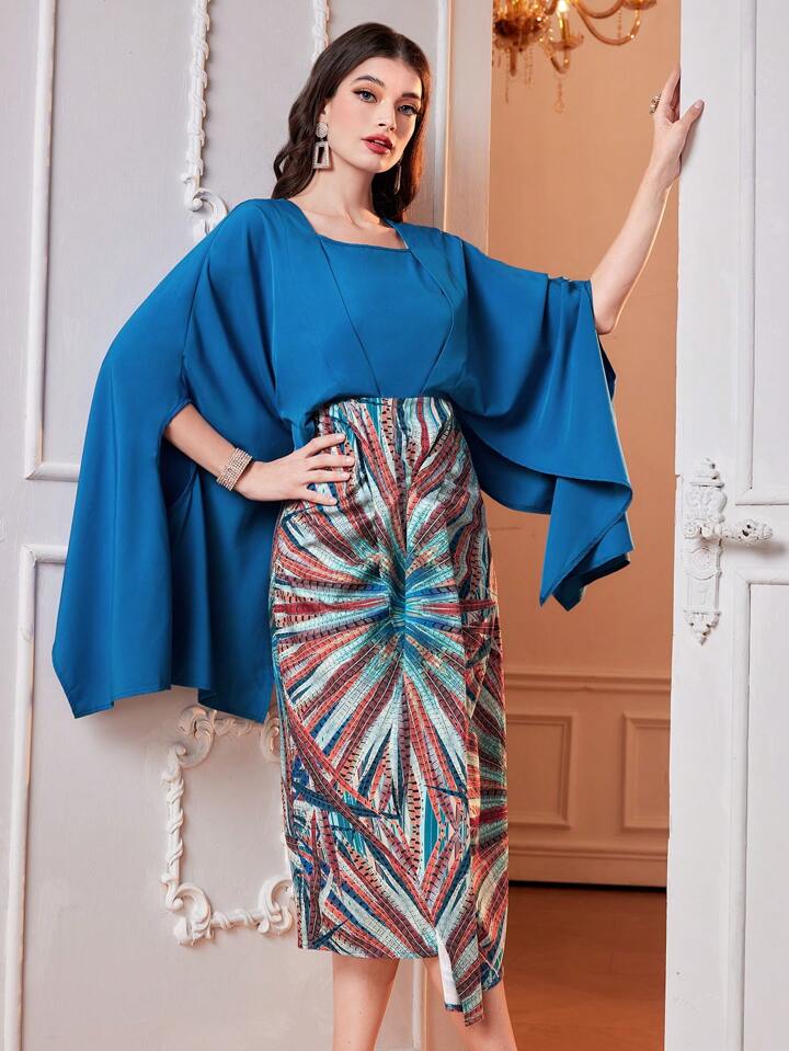 CM-DS011201 Women Elegant Seoul Style Square Neck Patchwork Floral Side Slit Sleeves Dress