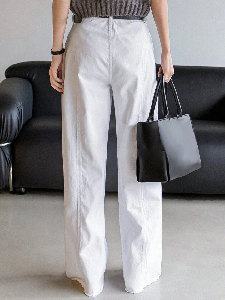 CM-BS518789 Women Casual Seoul Style Solid Color Straight Leg Loose Jeans - White