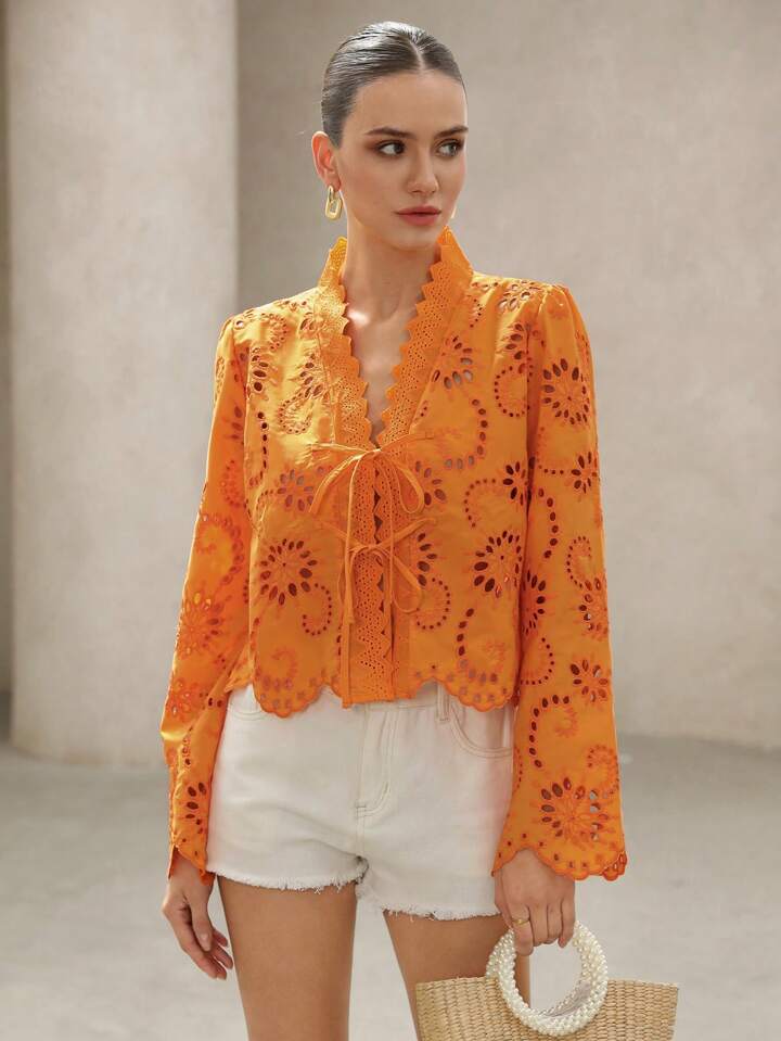 CM-TS187735 Women Trendy Bohemian Style Bowknot Tie Frayed Hem Embroidered Loose Long Sleeve Blouse - Orange