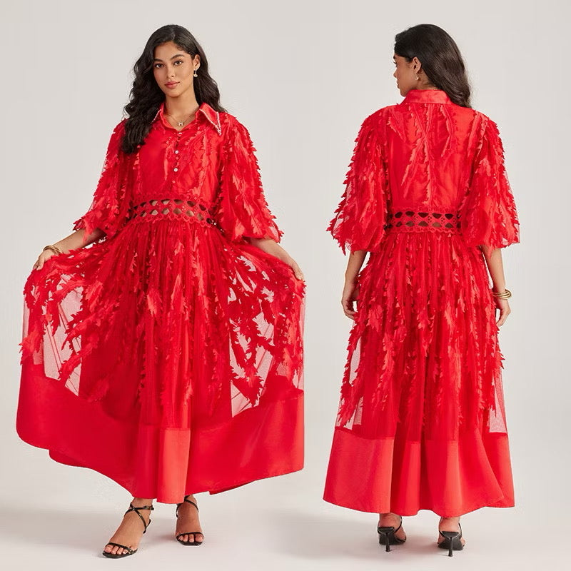 CM-DY055505 Women Elegant European Style Collar Rhinestone Neckline Half Sleeve Hollow Out Long Dress - Red