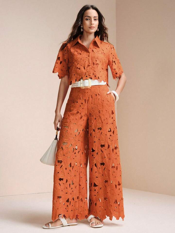 CM-SS712688 Women Trendy Bohemian Style Laser Cut Out Embroidered Short Sleeve Crop Top With Wide Leg Pants - Set