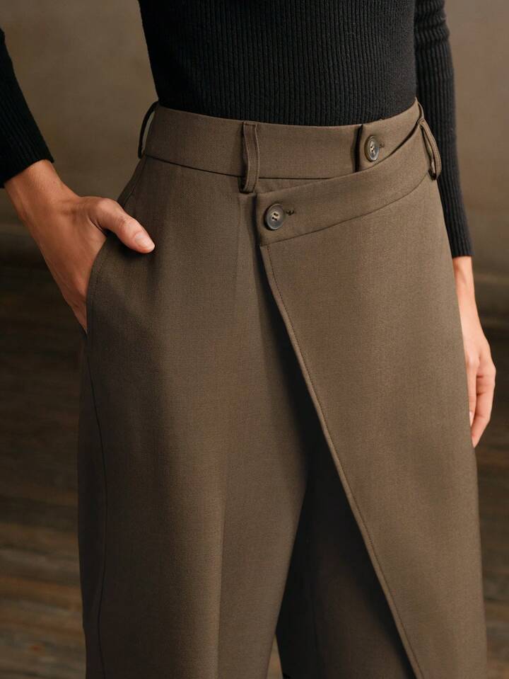 CM-BS466966 Women Elegant Seoul Style Asymmetrical Draping Cross-Wrap Pockets Straight-Leg Pants - Brown