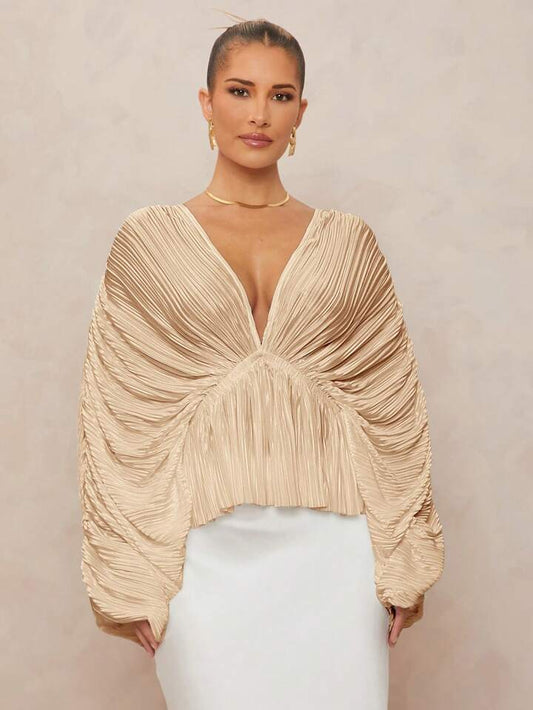 CM-TS261324 Women Elegant Seoul Style Deep V-Neck Long Sleeve Loose Fit Ruffled Hem  Oversized Blouse - Khaki