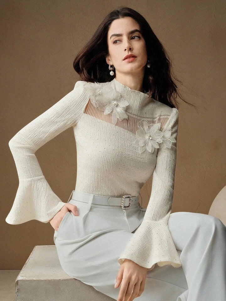 CM-TS613963 Women Elegant Seoul Style Floral Appliques Stand Collar Extra Long Flared Sleeve Blouse - Apricot