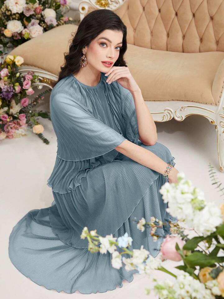 CM-DS707088 Women Elegant Seoul Style Round Neck Mesh Patchwork Ruffled Hem Long Dress - Mint Blue