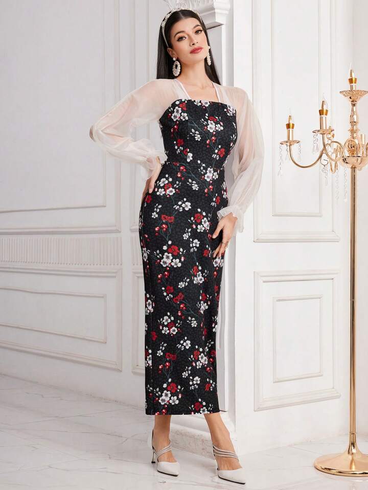 CM-DS562668 Women Elegant Seoul Style Floral Printed Mesh Patchwork Long Sleeve Dress