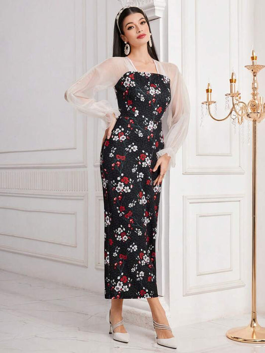 CM-DS562668 Women Elegant Seoul Style Floral Printed Mesh Patchwork Long Sleeve Dress