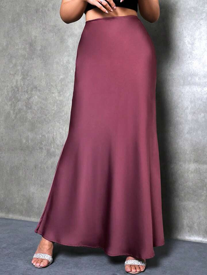 CM-BS052422 Women Casual Seoul Style Solid Asymmetrical Mermaid Hem Skirt - Burgundy