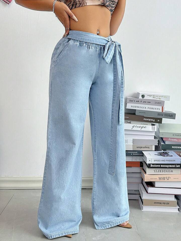 CM-BS238653 Women Casual Seoul Style Strap Straight-Leg Loose Fit Denim Jeans - Blue
