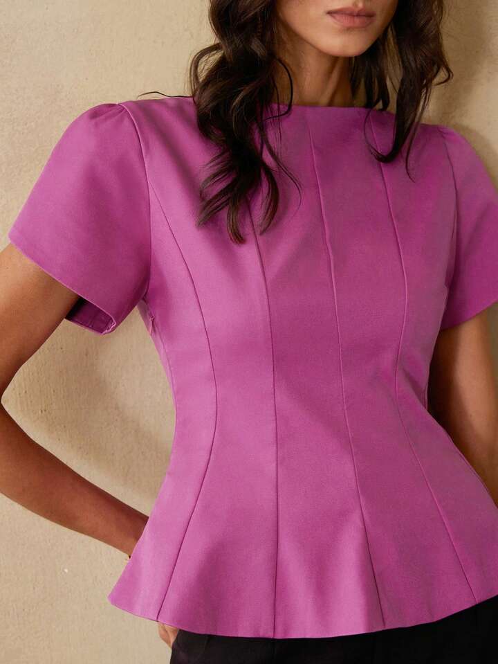 CM-TS315124 Women Elegant Seoul Style Round Neck Short Sleeve Cinched Waist Top - Hot Pink