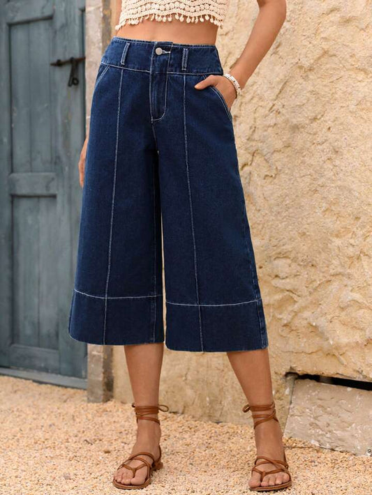 CM-BS880013 Women Casual Seoul Style Dark Wash Wide-Leg Mid-Calf Length Denim Pants