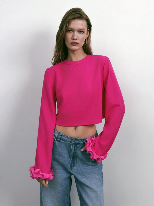 CM-TS102200 Women Casual Seoul Style Scoop Neck Patchwork Floral Cuff 3D Top - Hot Pink