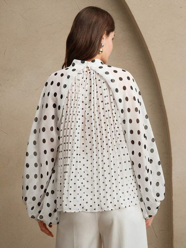 CM-TS733415 Women Elegant Seoul Style Stand Collar Polka Dot Print Pleated Tied Long Sleeve Blouse