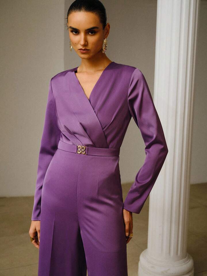 CM-JS525172 Women Elegant Seoul Style V-Neck Long Sleeve Satin Jumpsuit With Detachable Belt - Purple