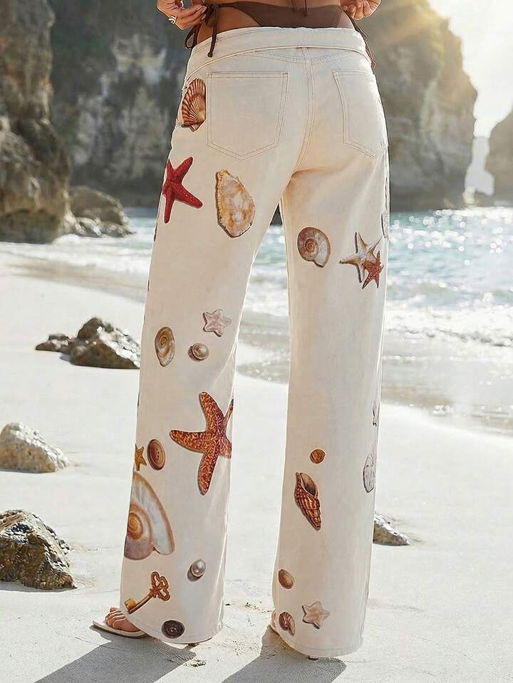 CM-BS225395 Women Casual Seoul Style Ocean Shell Starfish Conch Pearl Print Low Waist Loose Denim Jeans