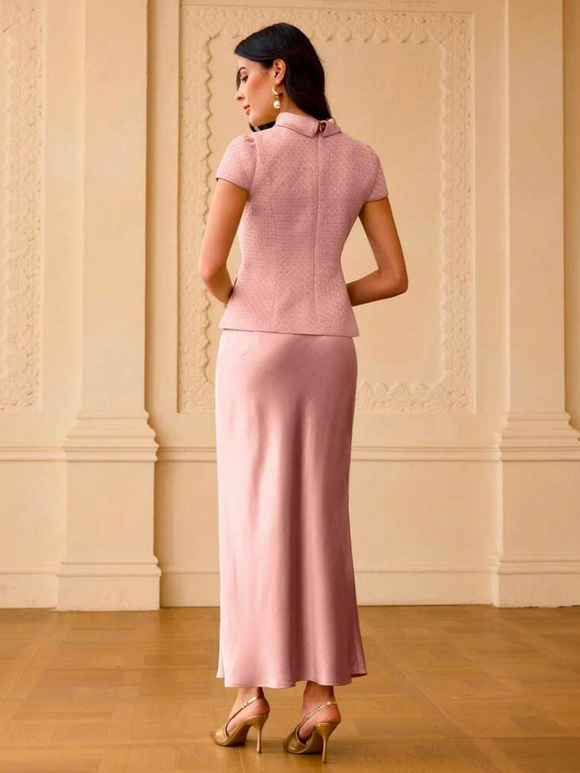 CM-SS060529 Women Elegant Seoul Style Stand Collar Button Decor Cap Sleeve Top With Satin Mermaid Hem Skirt - Set