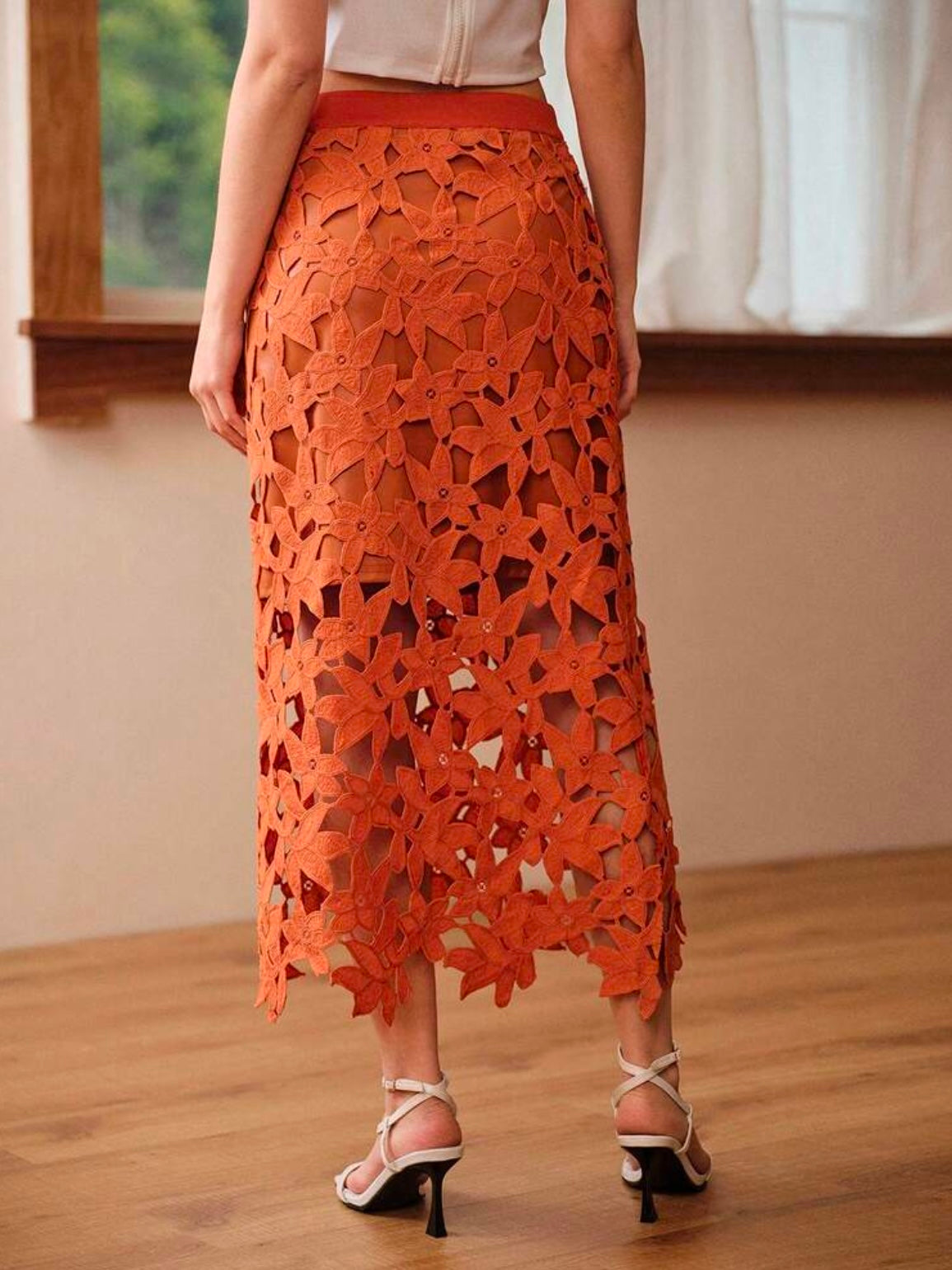CM-BS723590 Women Elegant Seoul Style Mid Waist Hollow Out Asymmetrical Long Skirt - Orange