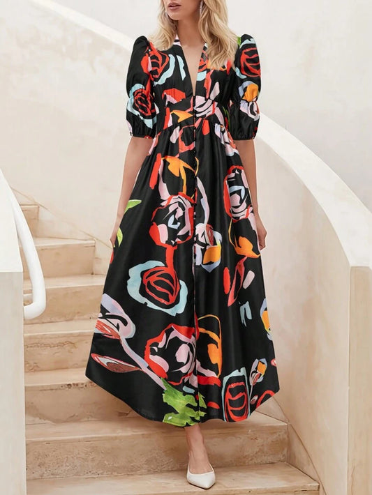 CM-DS877508 Women Trendy Bohemian Style Floral Print Loose Short Sleeve V-Neck Dress - Black