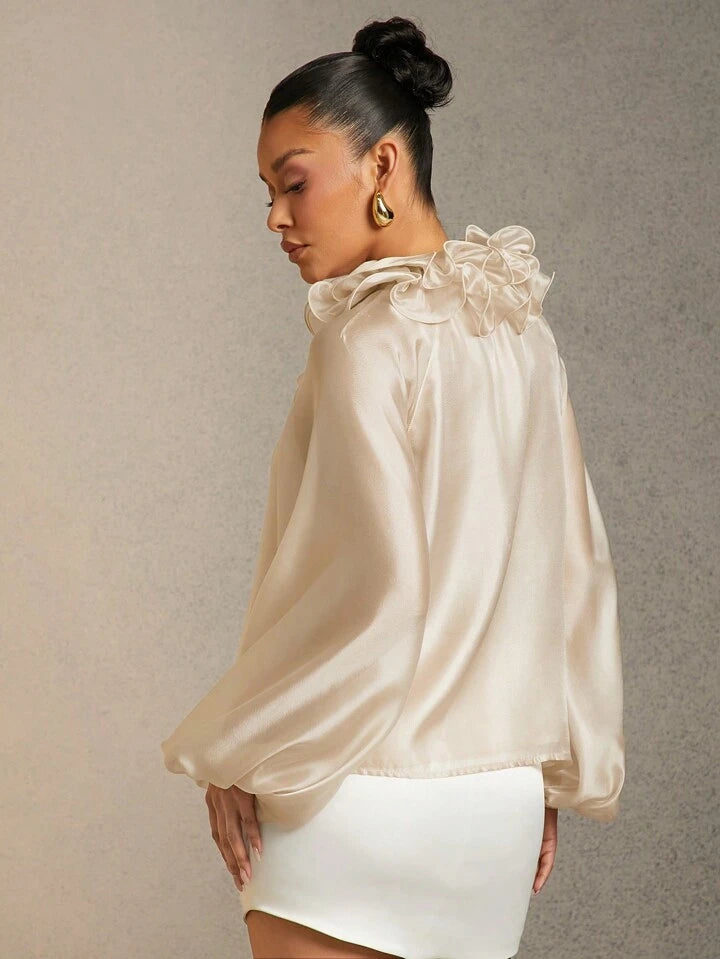 CM-TS757854 Women Elegant Seoul Style Solid Color Ruffle Trim Tie Neck Lantern Sleeve Blouse - Apricot