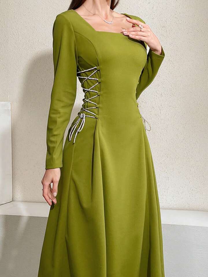 CM-DS903684 Women Casual Seoul Style Square Neck Long Sleeve Side Tie Maxi Dress - Green