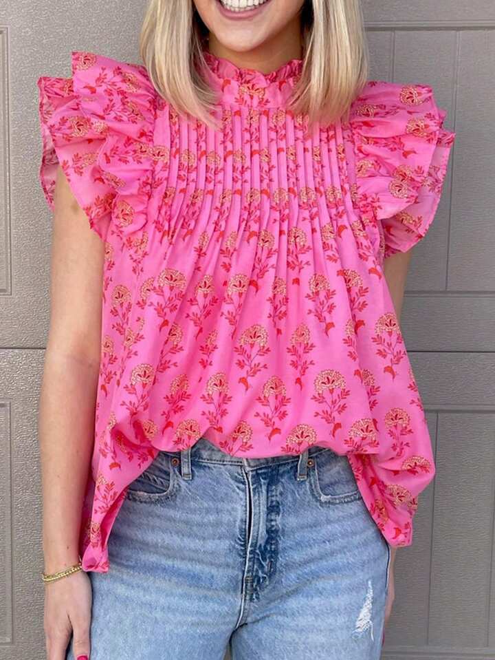 CM-TS835595 Women Trendy Bohemian Style Floral Print Fly Sleeves Ruffled High Neck Blouse - Pink