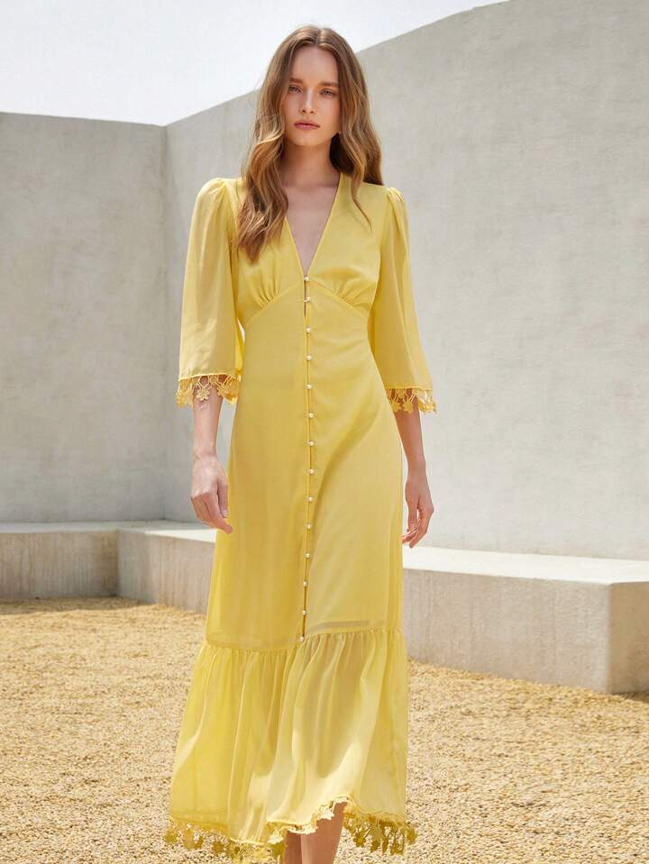 CM-DS080130 Women Elegant Seoul Style Deep V-Neck Floral Lace Trim 3/4 Sleeve Button Design A-Line Dress - Yellow
