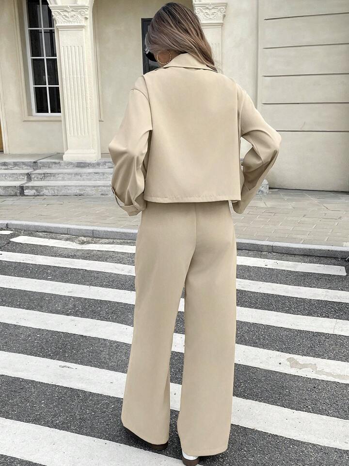 CM-SS009280 Women Elegant Seoul Style Solid Color Lapel Neck Long Sleeve Double-Breasted Jacket With Pants - Set