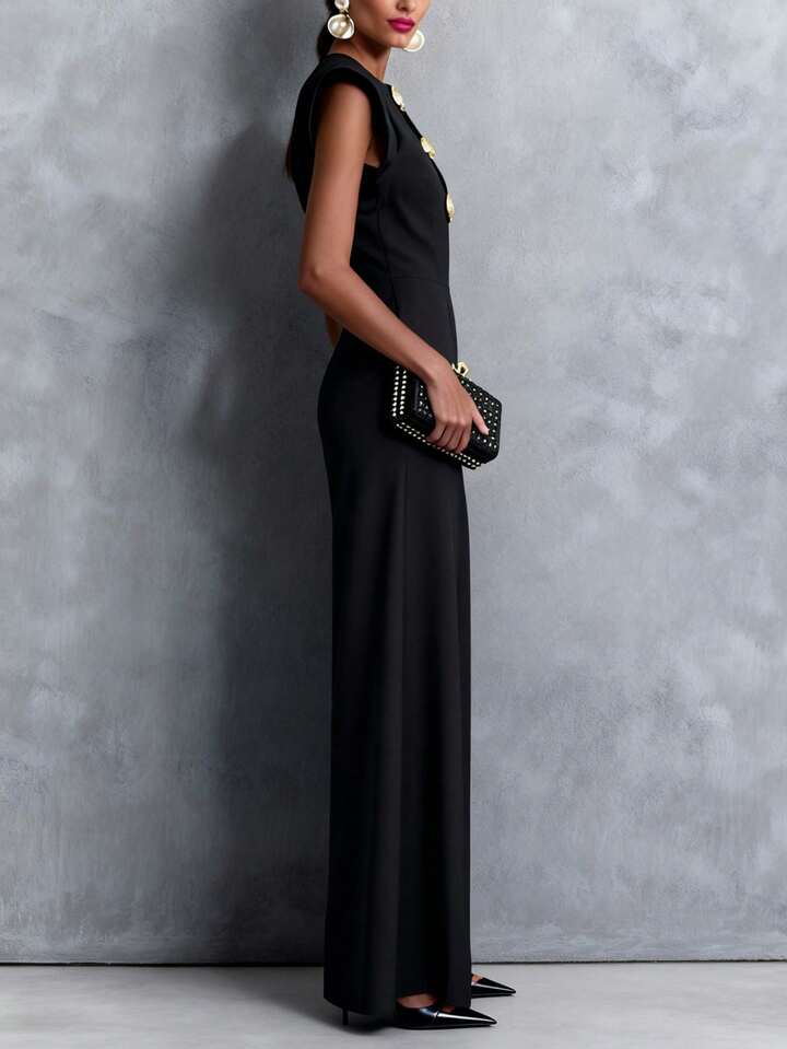 CM-JS170822 Women Elegant Seoul Style Notched Neckline Sleeveless Front Button Zipper Pocket Jumpsuit - Black