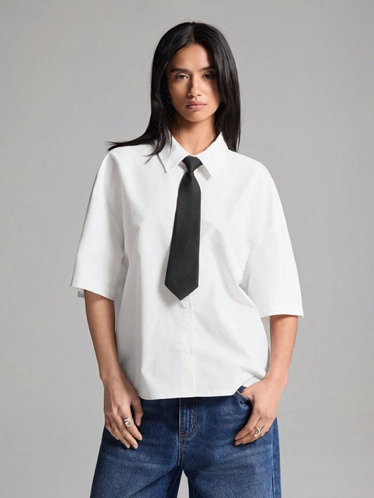 CM-TS399928 Women Casual Seoul Style Shirt Collar Drop Shoulder Short Sleeve With Tie - White