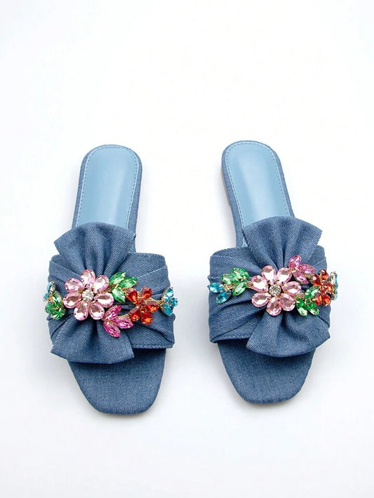CM-SHS141881 Women Trendy Seoul Style Rhinestone And Bow Decor Slide Denim Flat Sandals - Blue